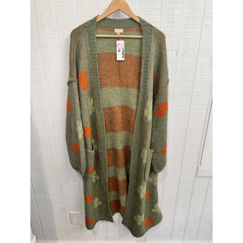 POL Cardigan Women Green Orange Floral Striped Longline Duster Small